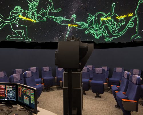 Das Planetarium nach dem Umbau im Sommer 2016 mit mehr Sitzen und höhenverstellbaren Projektoren Das Planetarium nach dem Umbau im Sommer 2016 mit mehr Sitzen und höhenverstellbaren Projektoren