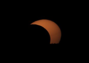 Ganz kurz vor Sonnenuntergang ist die jetzt intensiv orange schimmernde Sonne noch deutlich durch den Mond verdeckt und ein kleiner Teil ist schon unter den baumbestandenen Horizont abgetaucht. Partielle Sonnenfinsternis am 12. August 2026.